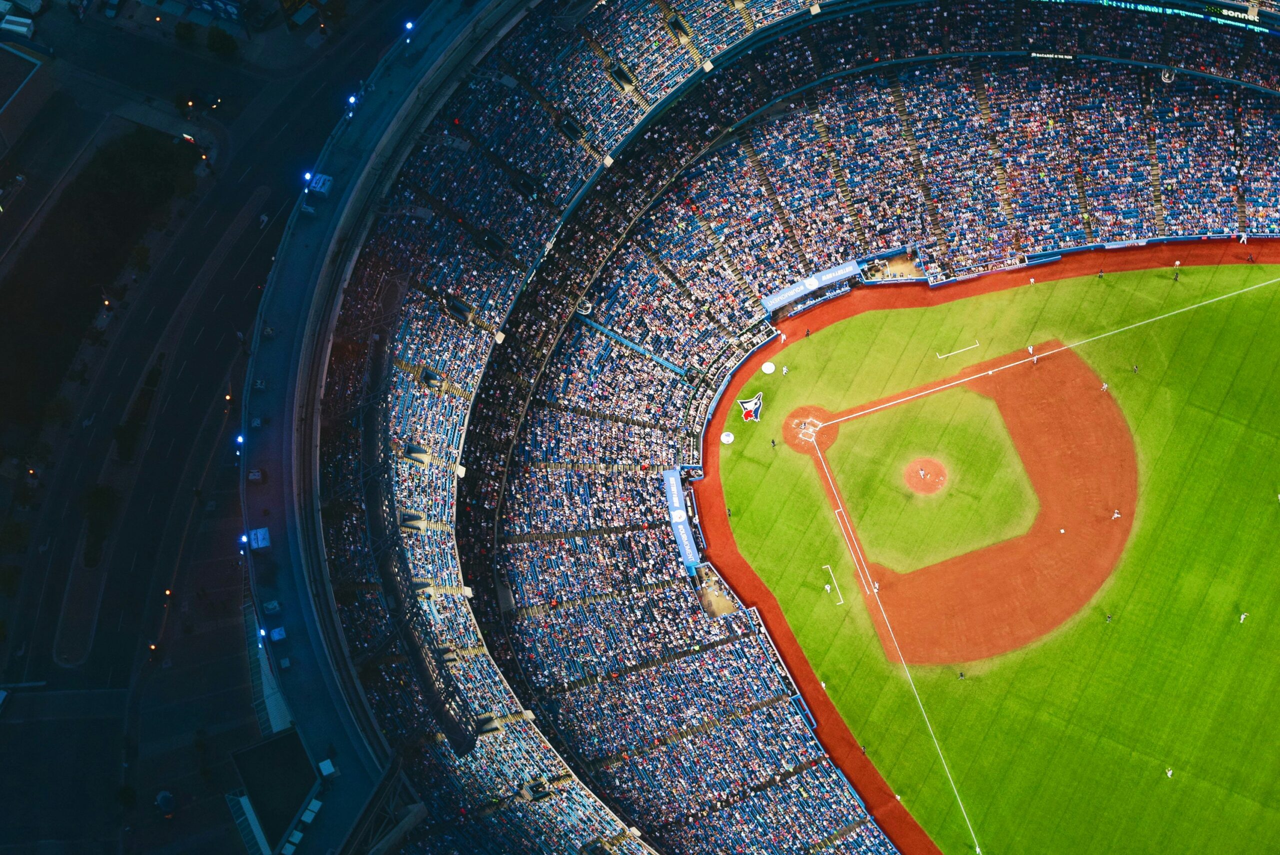 Photo of a Major League Baseball stadium from above during a game.