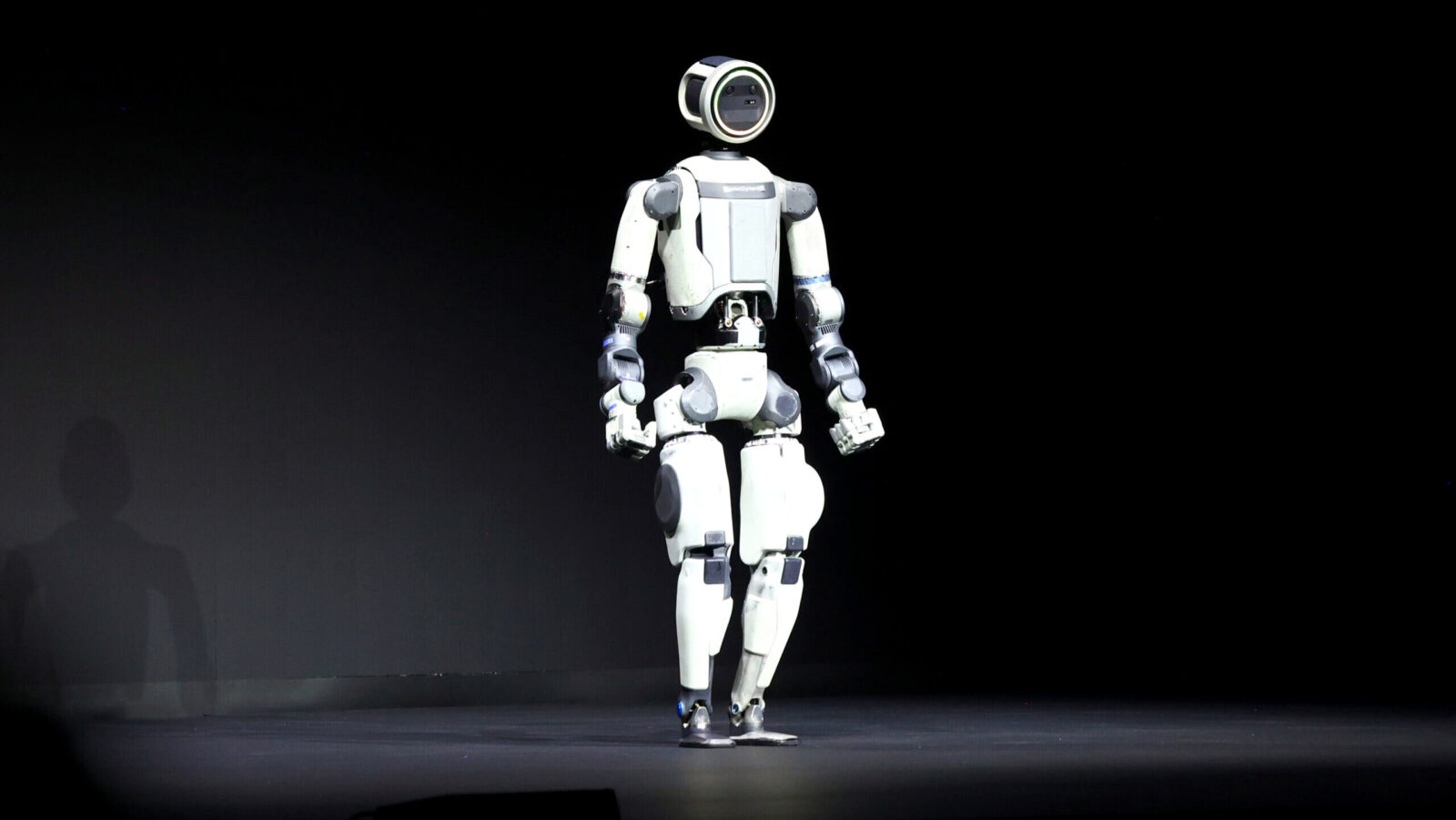 The ATLAS prototype robot by Boston Dynamics, walks on stage during a press conferencee at the 2026 International CES in Las Vegas.
