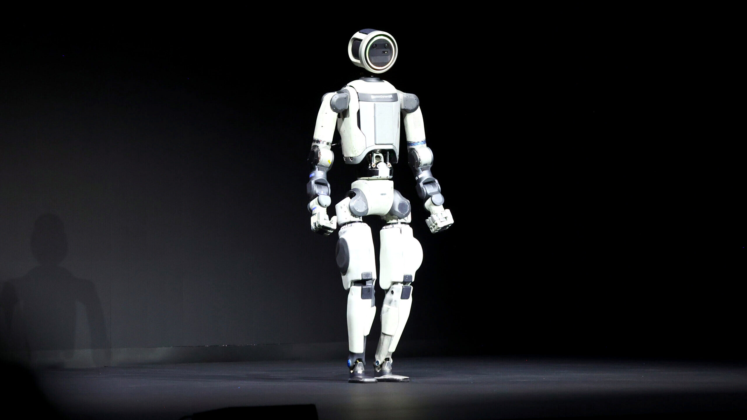 The ATLAS prototype robot by Boston Dynamics, walks on stage during a press conferencee at the 2026 International CES in Las Vegas.