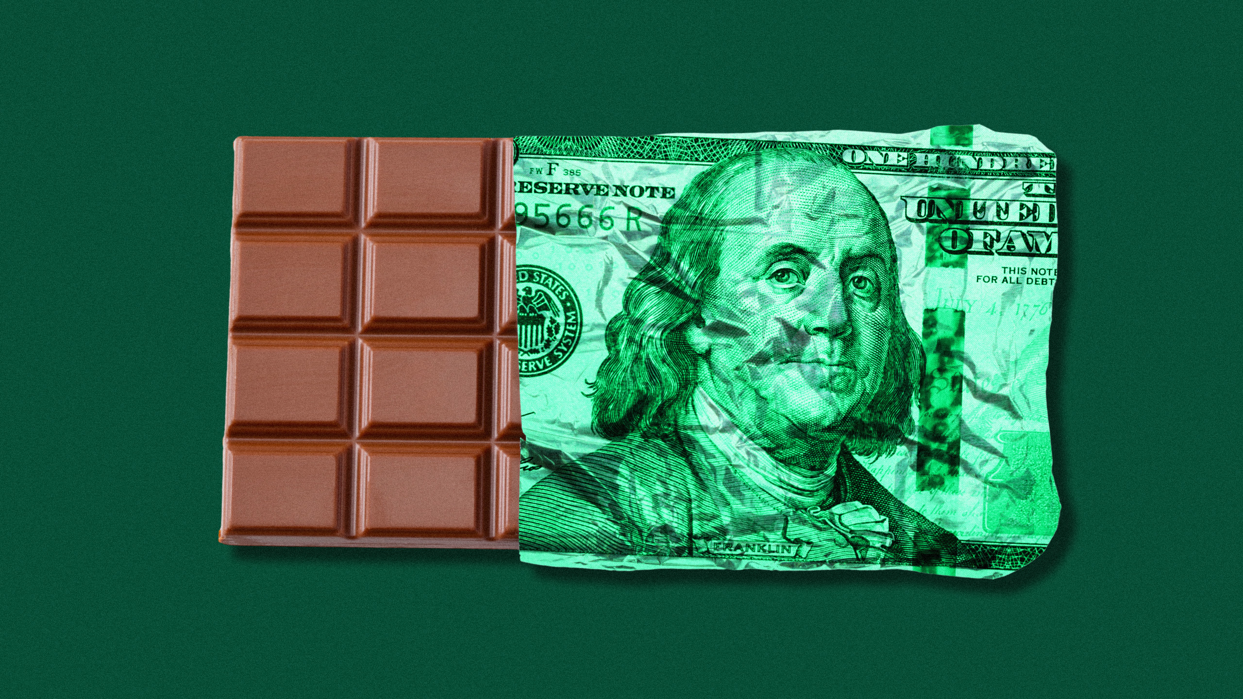Photo illustration of a chocolate bar with a wrapper made of a one hundred dollar bill